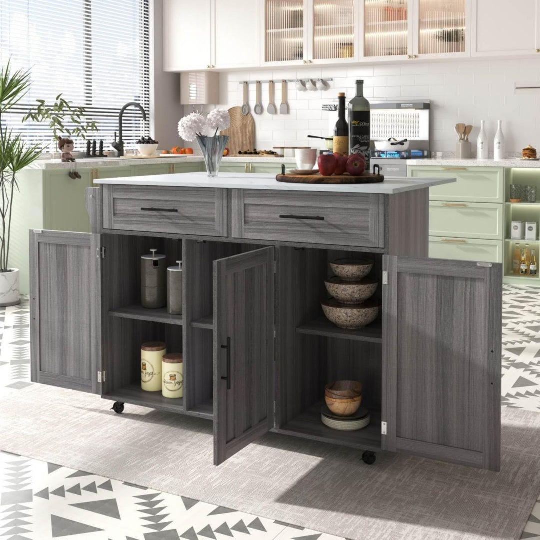 Ilot mobile gris, contemporain, espace organise