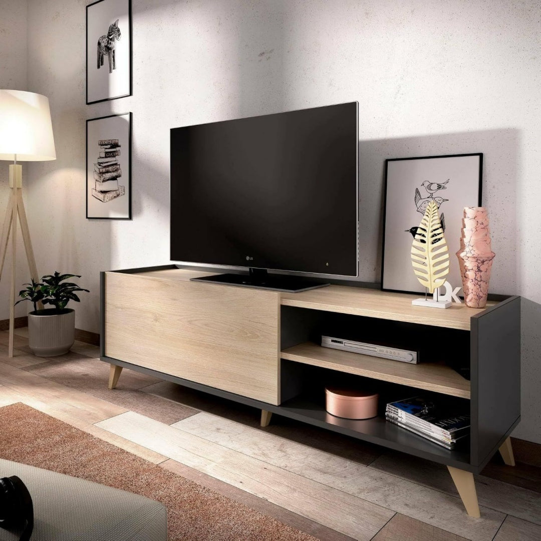 Meuble TV gris en chene, style contemporain, rangement spacieux