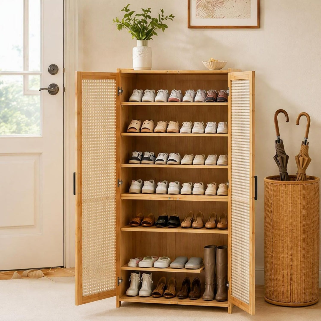 Rangement ingenieux, placard a chaussures beige en bois grand espace de rangement