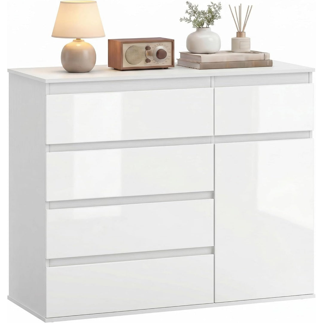Commode 5 tiroirs etageres reglables gris clair