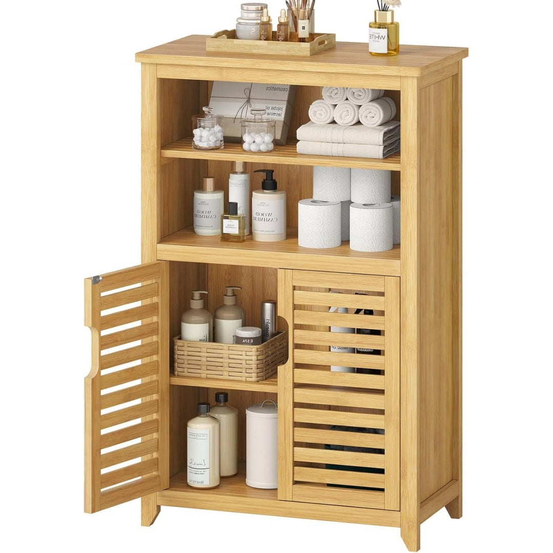 Meuble bas marron a 2 portes 2 etageres, esprit fermier en bambou
