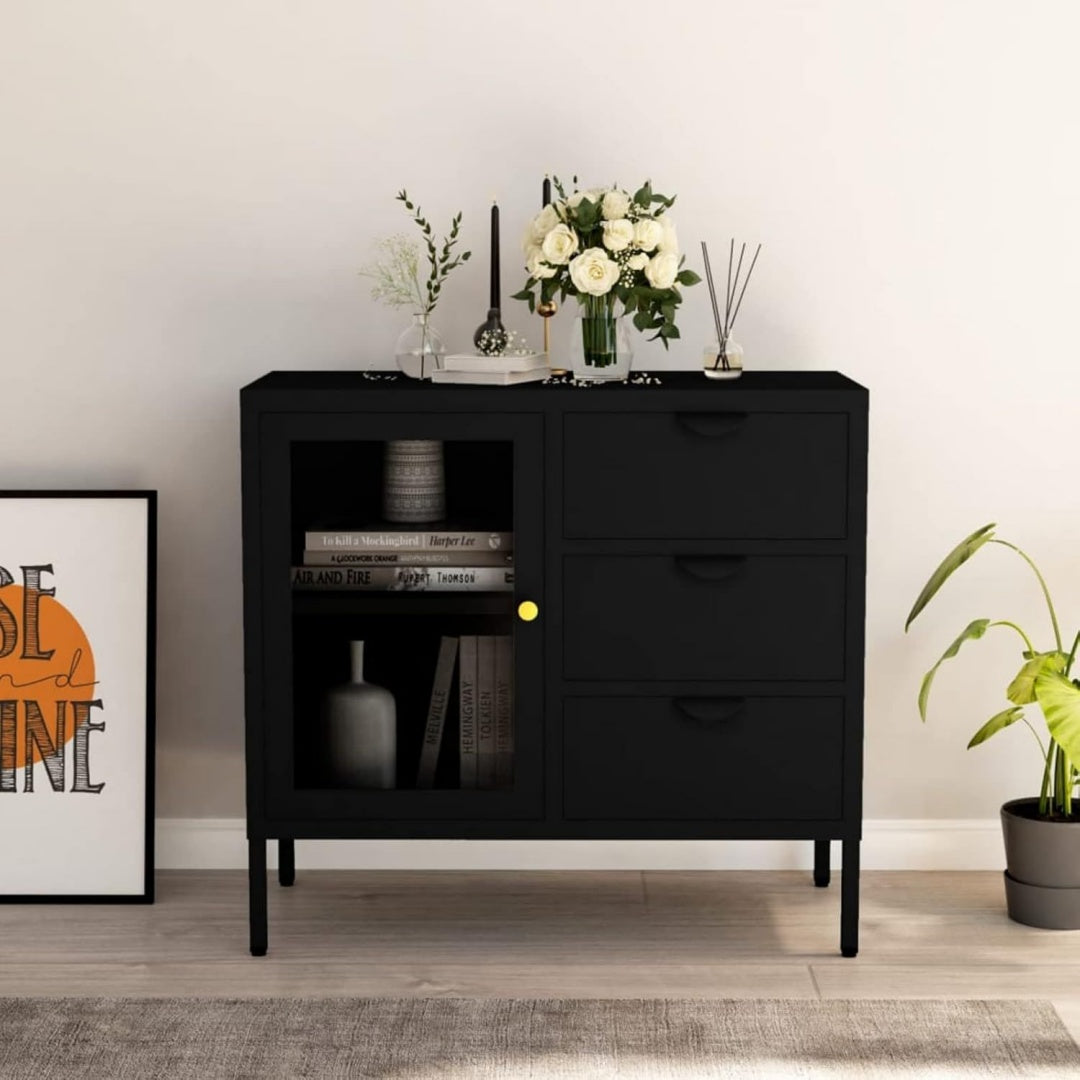 Credence gris 1 etagere, esprit fermier acier pour salon