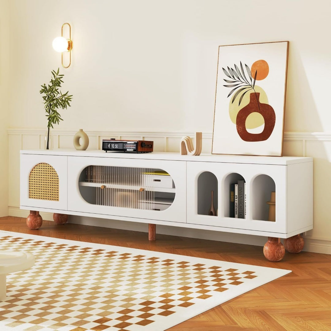 Meuble de rangement meuble TV beige en rotin, trois portes