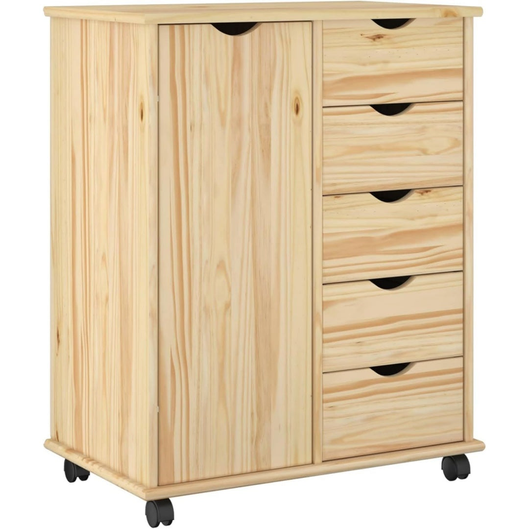 Ilot de cuisine en bois massif 5 tiroirs marron sur roulettes