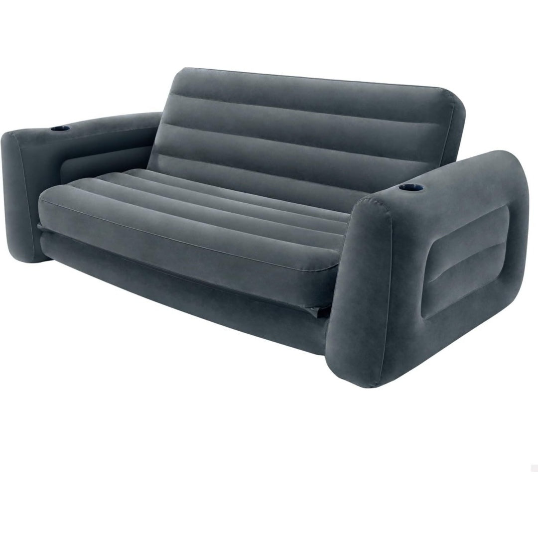 Canape convertible gris fonce tissu 231 cm, rangement esprit fermier